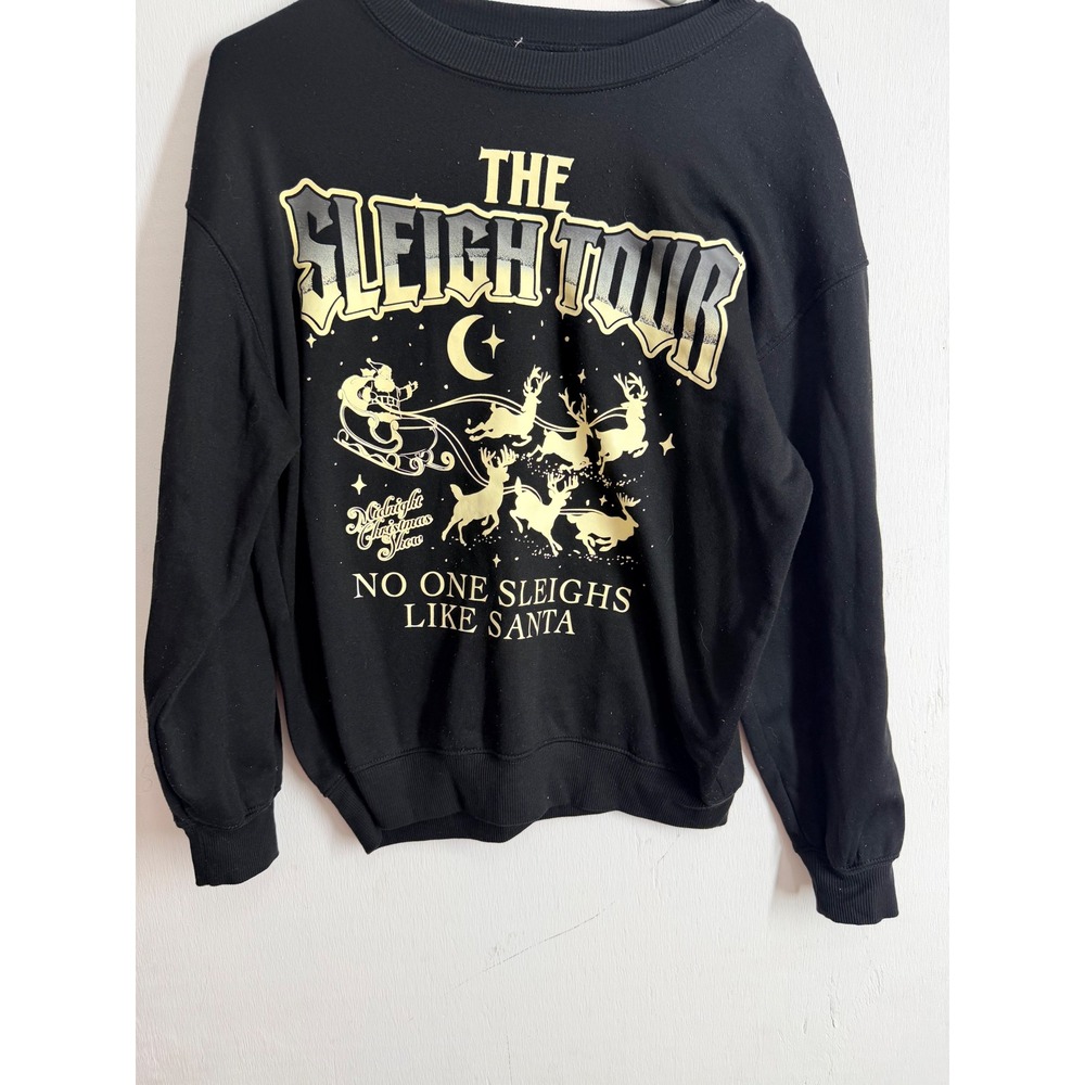 The Sleigh Tour Santa Graphic Sweatshirt Black Christmas Tour List Mens Small